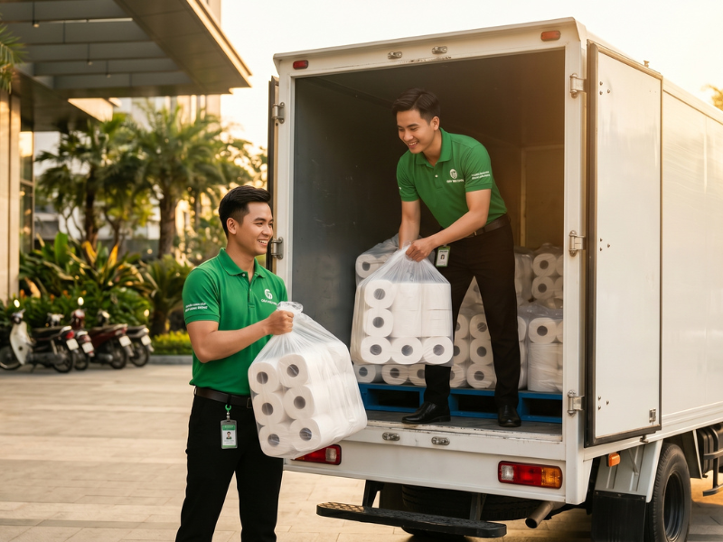 Nhân viên Giấy Hiếu Hưng giao giấy vệ sinh công nghiệp tại khách sạn ở Nghệ An